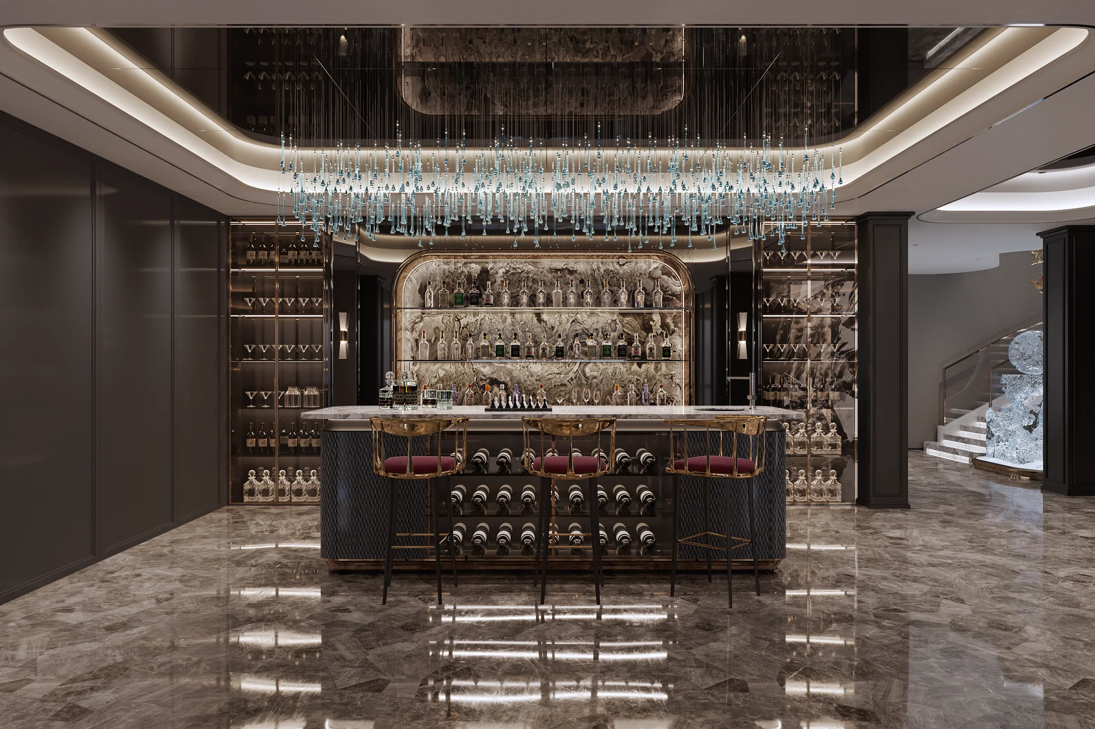 暖光与金属细部构成的酒店公共空间