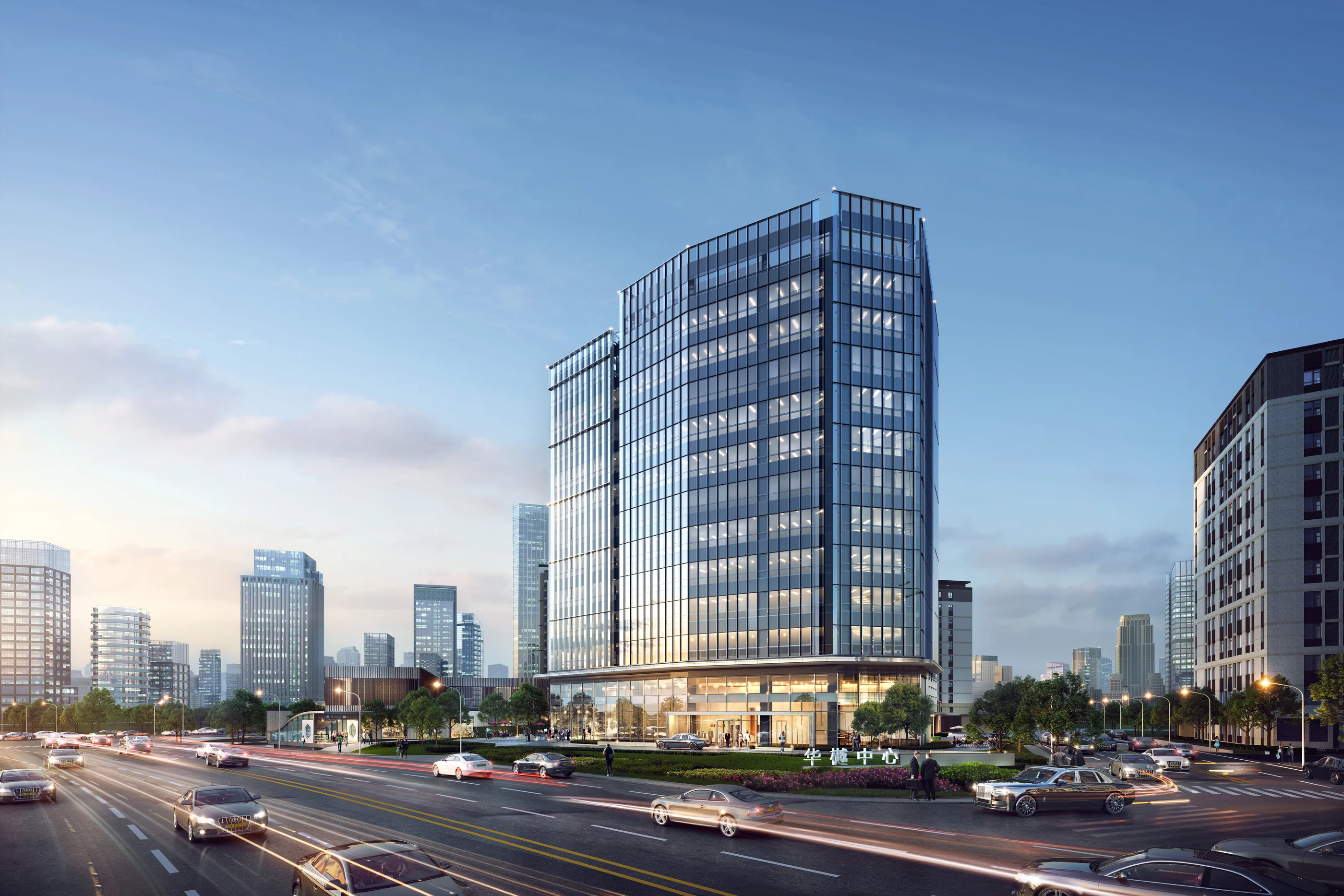 华樾中心｜垂直绿洲｜建筑先向城市给出方向｜塔楼体量、入口雨棚与夜间灯光形成识别。