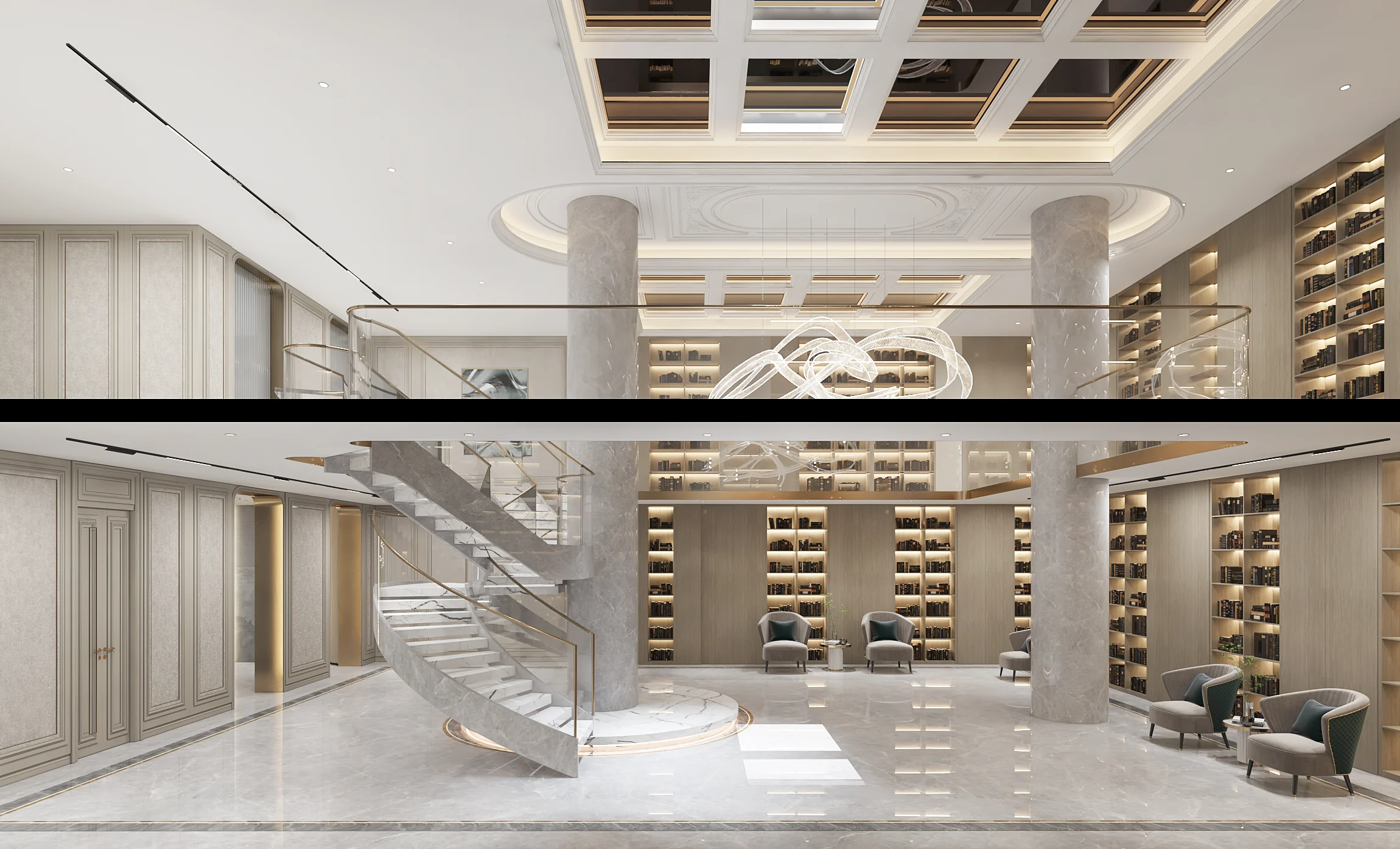 樾长安｜藏书成厅｜门厅先建立垂直关系｜石材门洞、旋转楼梯与顶部采光共同拉开高度。